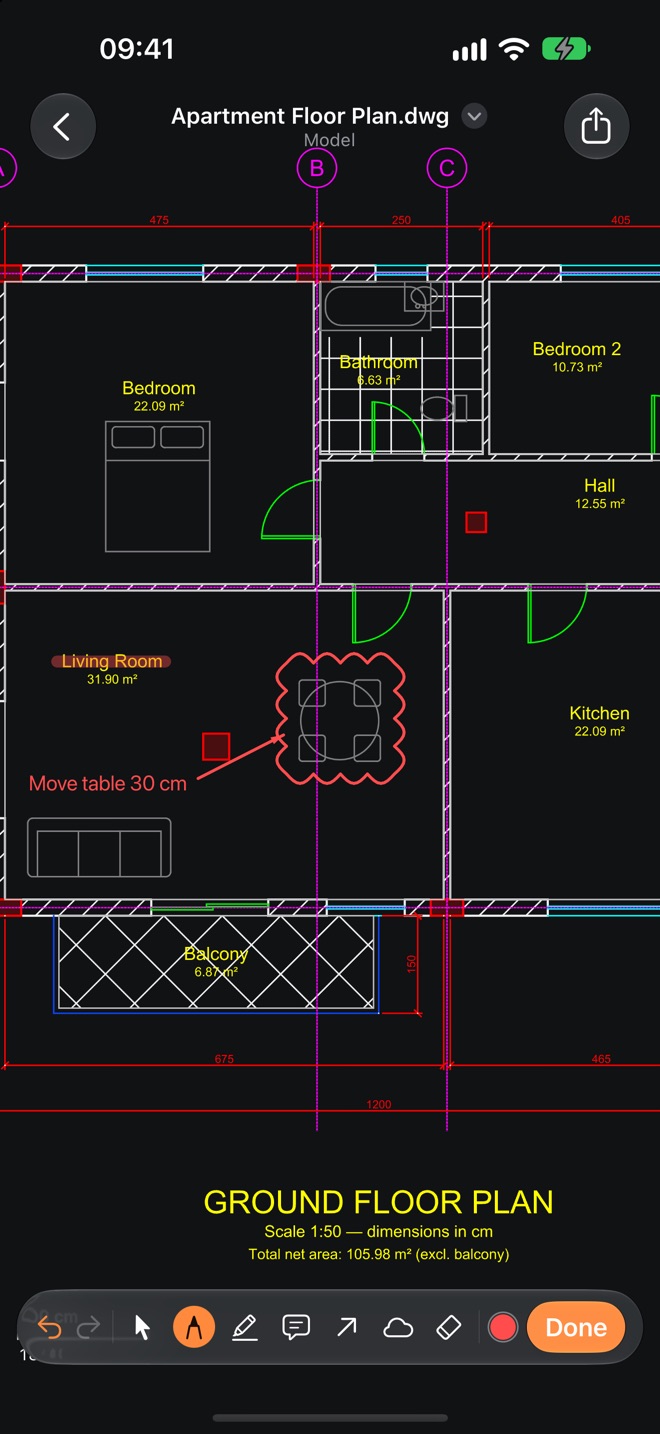 Markup on a floor plan: a revision cloud, a note and an arrow